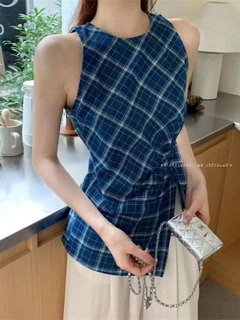 佛里假日法式別緻復古藍色格子背心女掐腰修身測開叉無袖上衣24072901