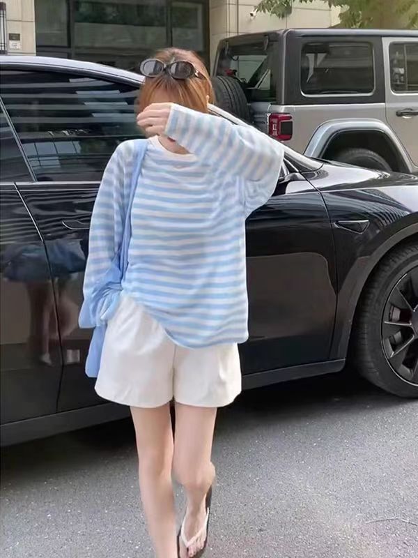 韓版條紋T恤女長袖夏季新款衣服休閒寬松薄款防曬衣罩衫上衣24073002