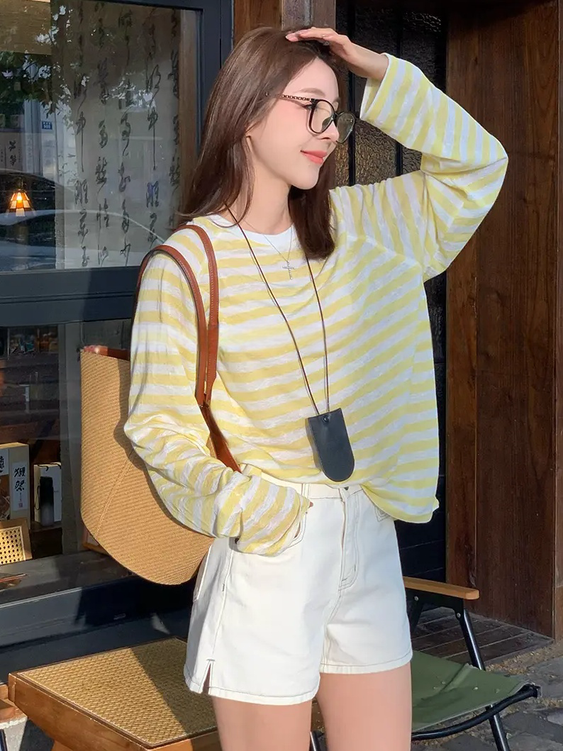 韓版條紋T恤女長袖夏季新款衣服休閒寬松薄款防曬衣罩衫上衣24073002