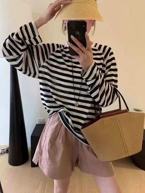 韓版條紋T恤女長袖夏季新款衣服休閒寬松薄款防曬衣罩衫上衣24073002