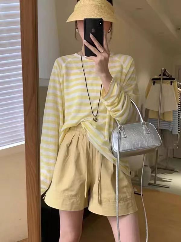 韓版條紋T恤女長袖夏季新款衣服休閒寬松薄款防曬衣罩衫上衣24073002