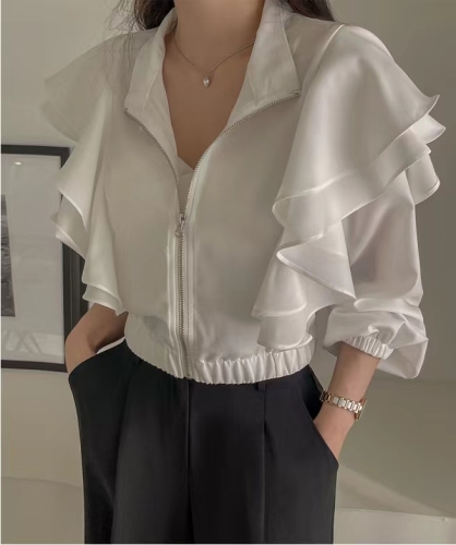 現貨國chic秋季減齡氣質立領拼接雙層荷葉邊鬆緊收腰顯瘦短款外套女23081601