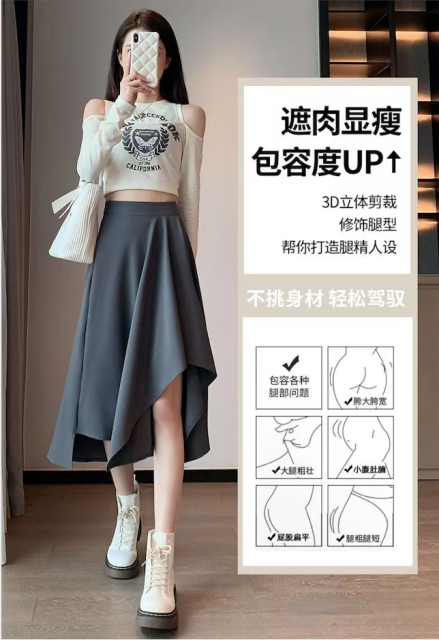 梨形身材大碼半身裙夏高腰黑色中長裙顯瘦適合胯大腿粗a字裙24080206