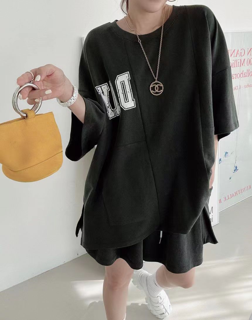 韓系chic夏季法式小眾圓領字母印花T恤高腰百搭雙口袋闊腿短褲女24080405