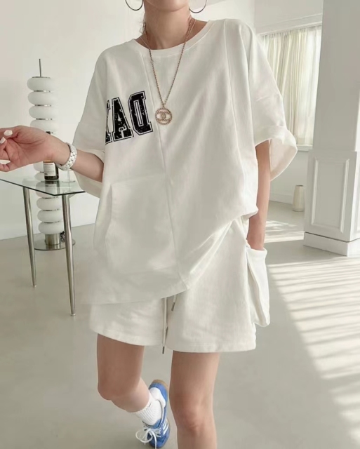 韓系chic夏季法式小眾圓領字母印花T恤高腰百搭雙口袋闊腿短褲女24080405