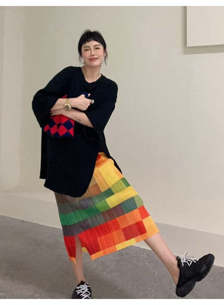 冰絲彩色格子半身裙女夏季薄款高腰a字海邊沙灘一片式裙子小個子24081106