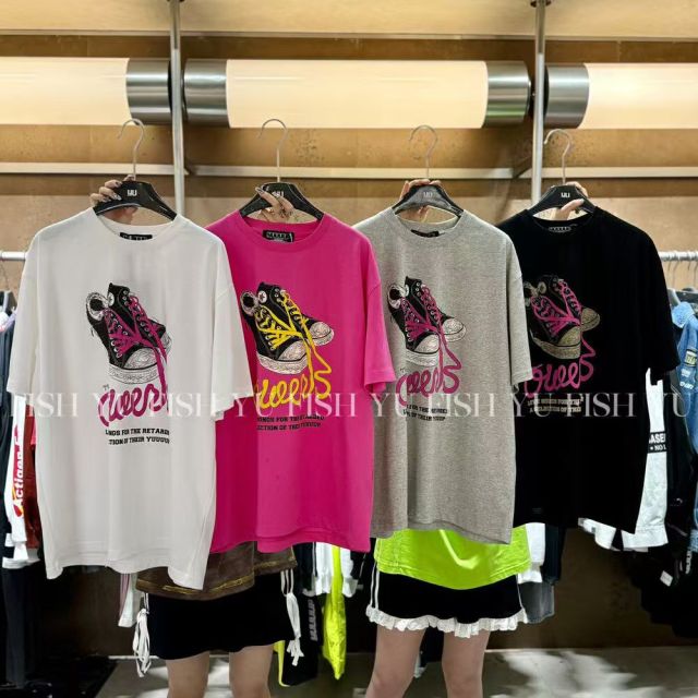 重磅純棉夏季韓版復古彩拔印花短袖T恤女寬松情侶上衣ins24081206