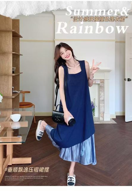 法式氣質撞色拼接背心連衣裙女夏季新款設計感小眾慵懶顯瘦長裙子24081207
