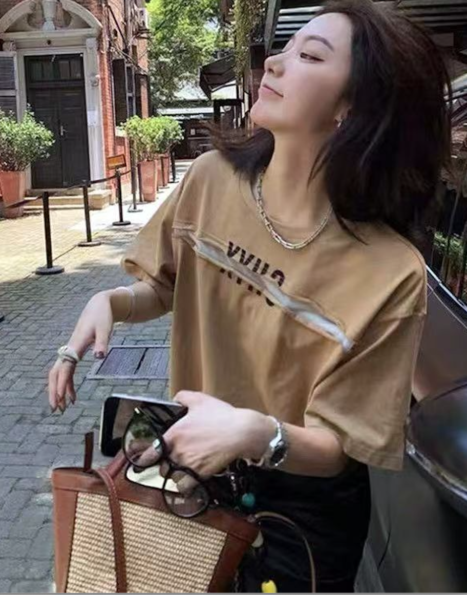 T棉洋氣涼感拼紗ins寬松網紅同款短袖上衣T恤美式薄款24081402