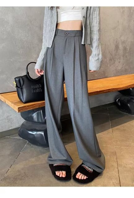 灰色西裝褲女春夏季新款高級感高腰垂感寬松休閒直筒闊腿褲子24091201