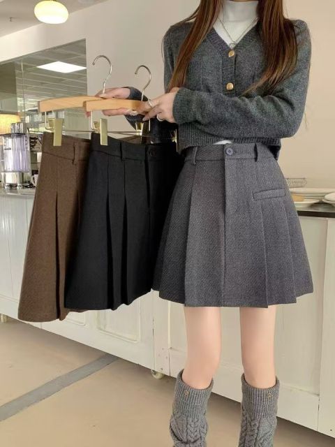 咖色裙子防走光毛呢半身裙女冬季高腰包臀裙百搭A字裙黑色短裙潮24091904