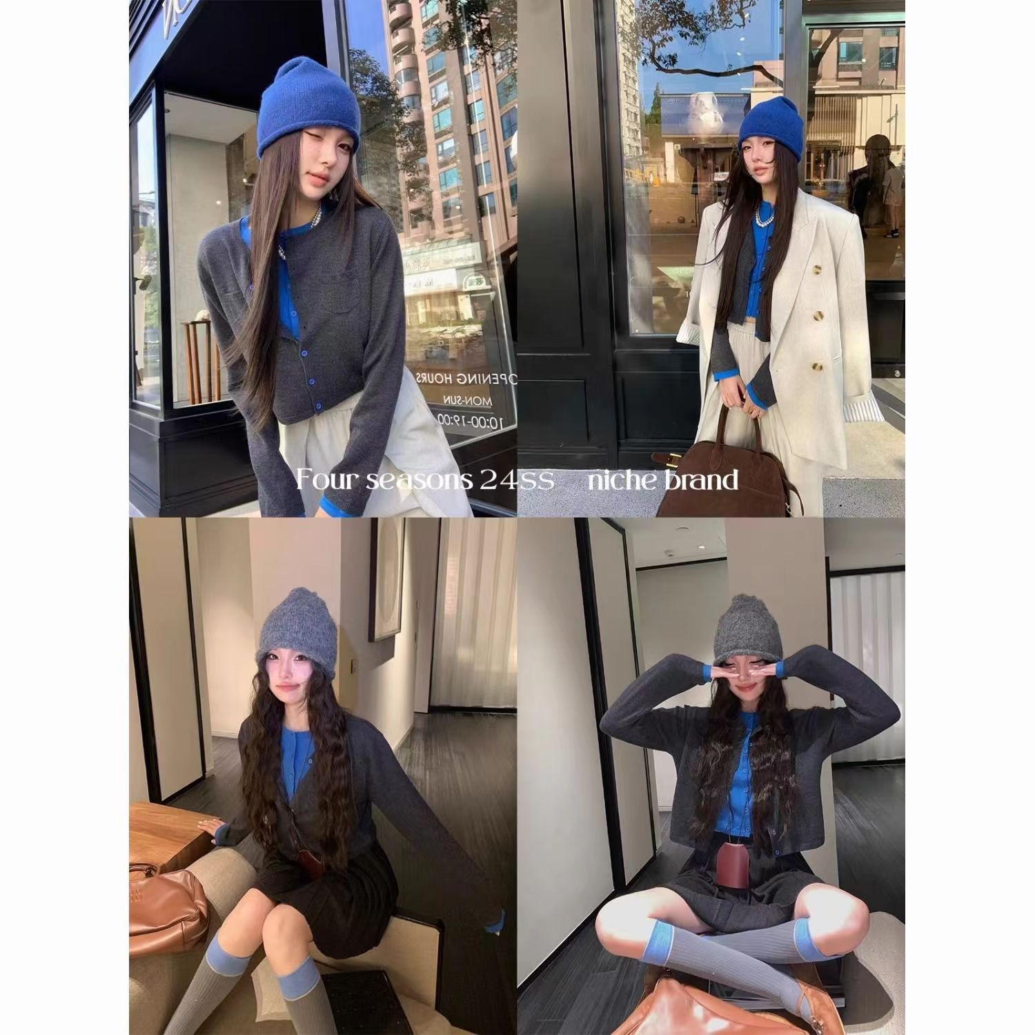 歐貨灰色拼接假兩件針織開衫女春秋秋冬季短款設計感小眾氣質上衣24092505