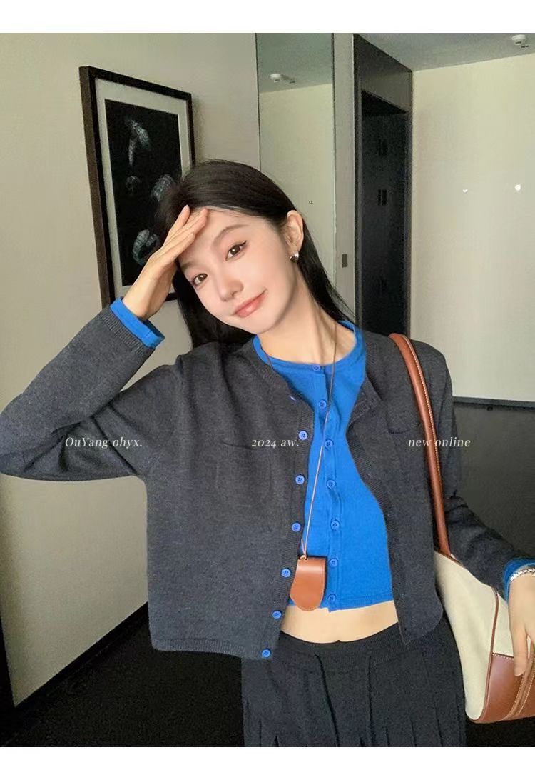 歐貨灰色拼接假兩件針織開衫女春秋秋冬季短款設計感小眾氣質上衣24092505