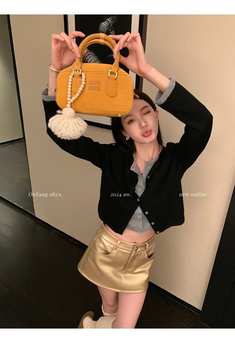 歐貨灰色拼接假兩件針織開衫女春秋秋冬季短款設計感小眾氣質上衣24092505