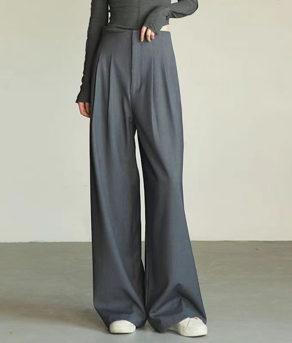 高腰闊腿褲垂墜感西裝褲女遮胯梨形身材顯瘦長褲直筒收腰褲子灰色24100603