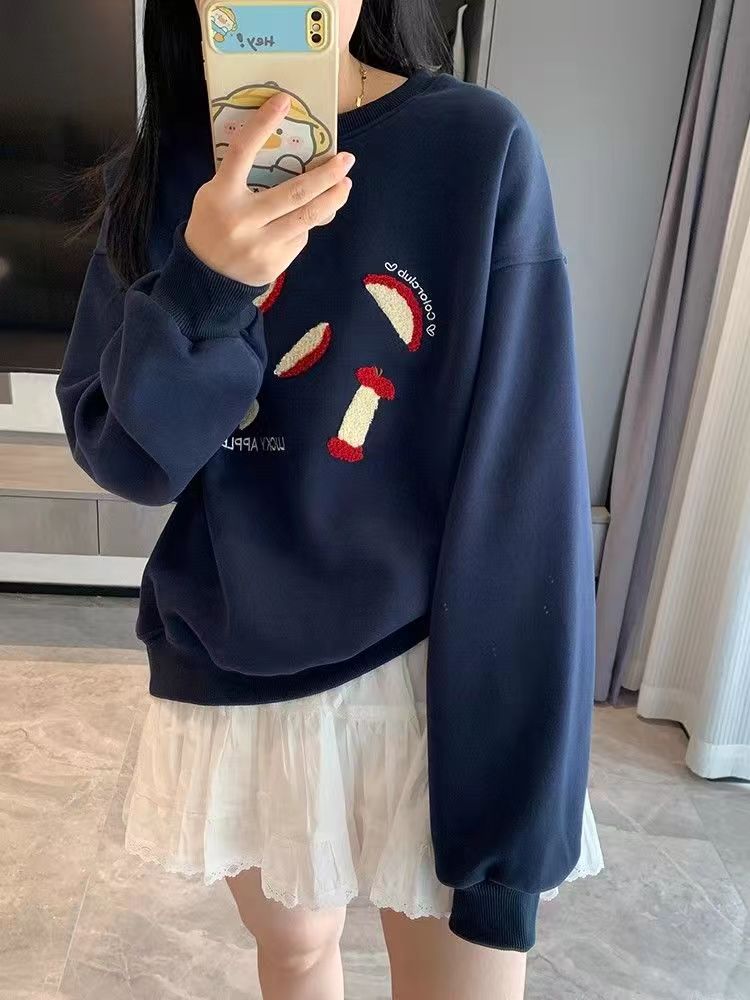 秋天必備Lucky蘋果美式復古甜美繡花秋圓領長袖衛衣上衣女24100701