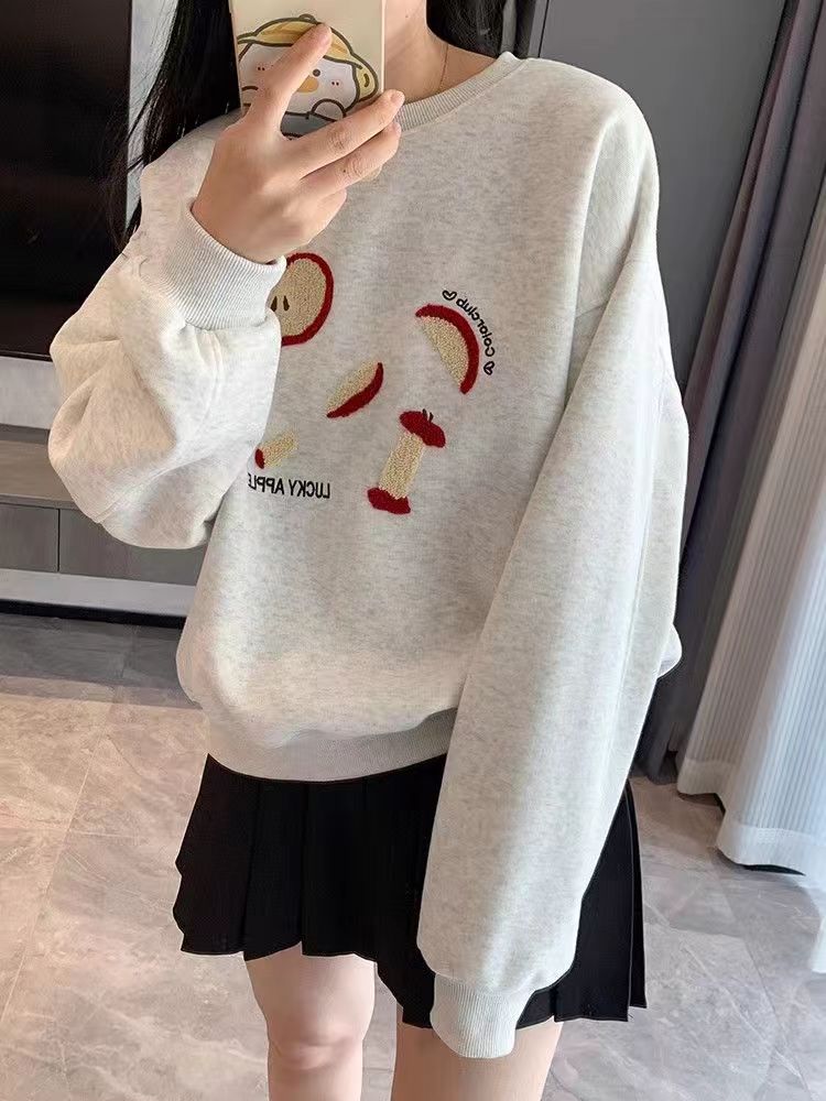 秋天必備Lucky蘋果美式復古甜美繡花秋圓領長袖衛衣上衣女24100701