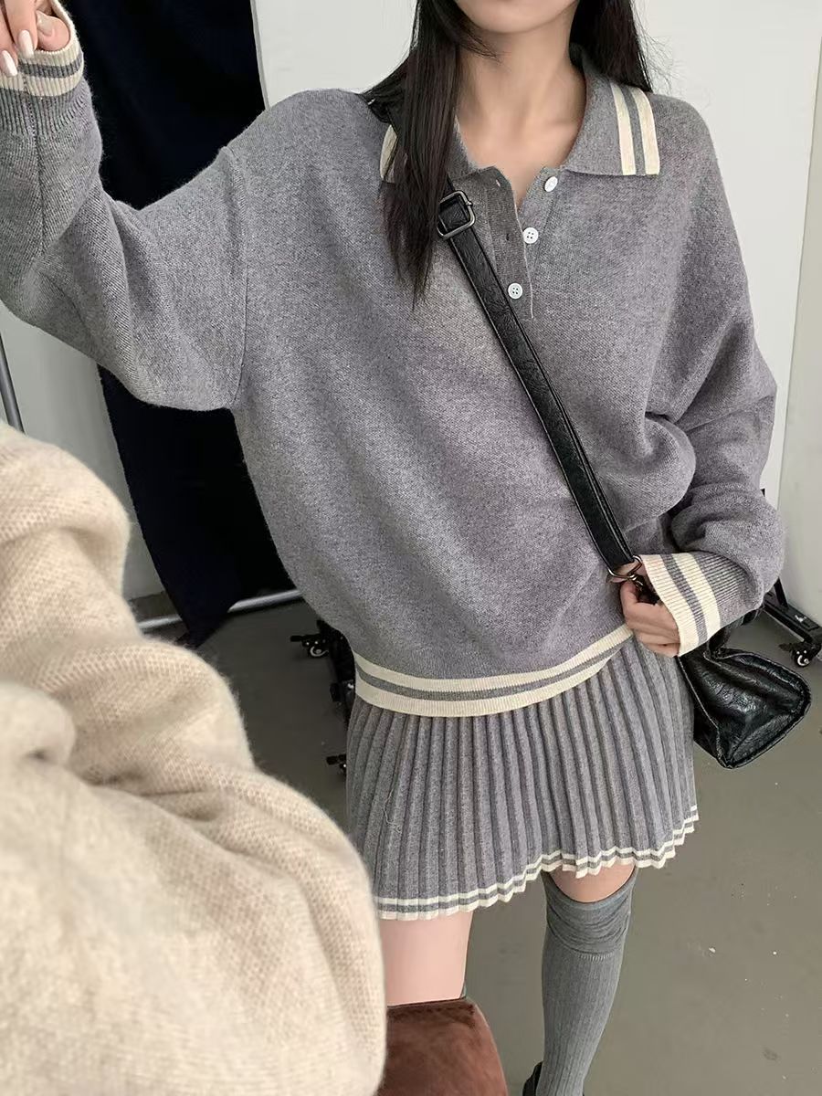春秋時尚韓版寬松顯瘦針織長袖毛衣氣質百搭高腰百褶半身裙兩件套24100801