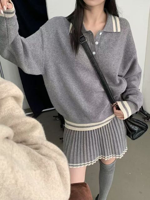 春秋時尚韓版寬松顯瘦針織長袖毛衣氣質百搭高腰百褶半身裙兩件套24100801