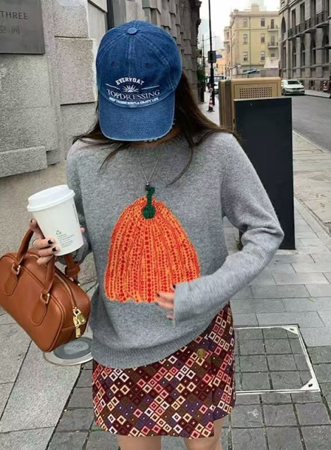 提花南瓜毛衣女款新款秋冬灰色慵懶風設計感圓領針織打底衫女24102703