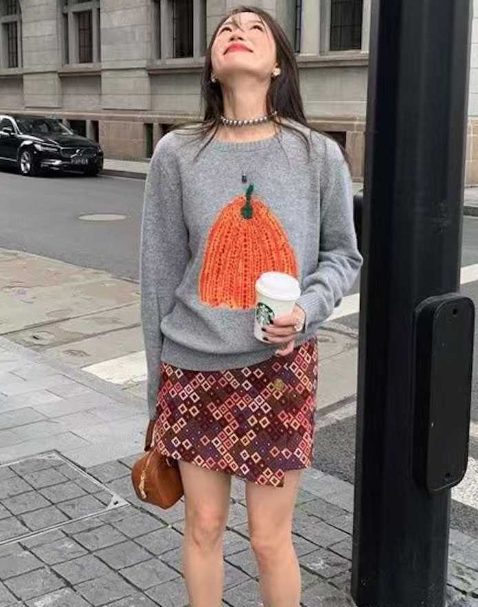 提花南瓜毛衣女款新款秋冬灰色慵懶風設計感圓領針織打底衫女24102703