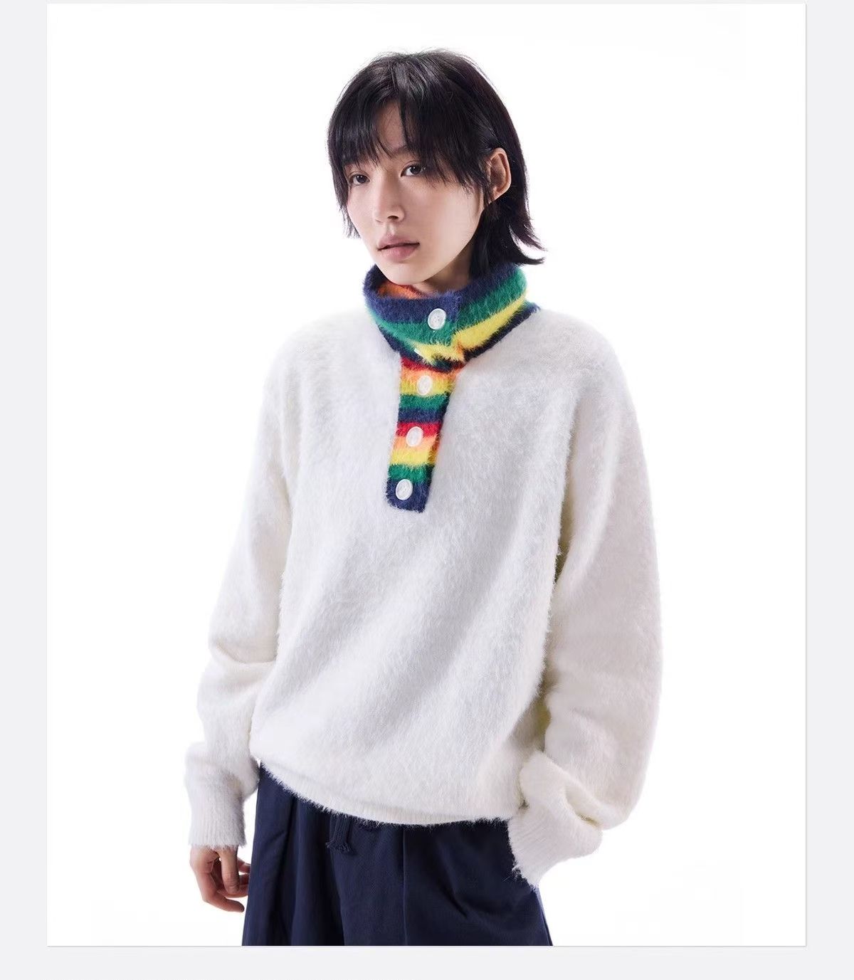 美式復古設計感彩虹條紋高領針織衫男女秋冬季新款寬松百搭毛衣潮24102903