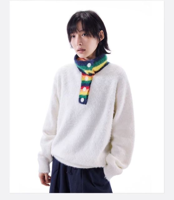 美式復古設計感彩虹條紋高領針織衫男女秋冬季新款寬松百搭毛衣潮24102903