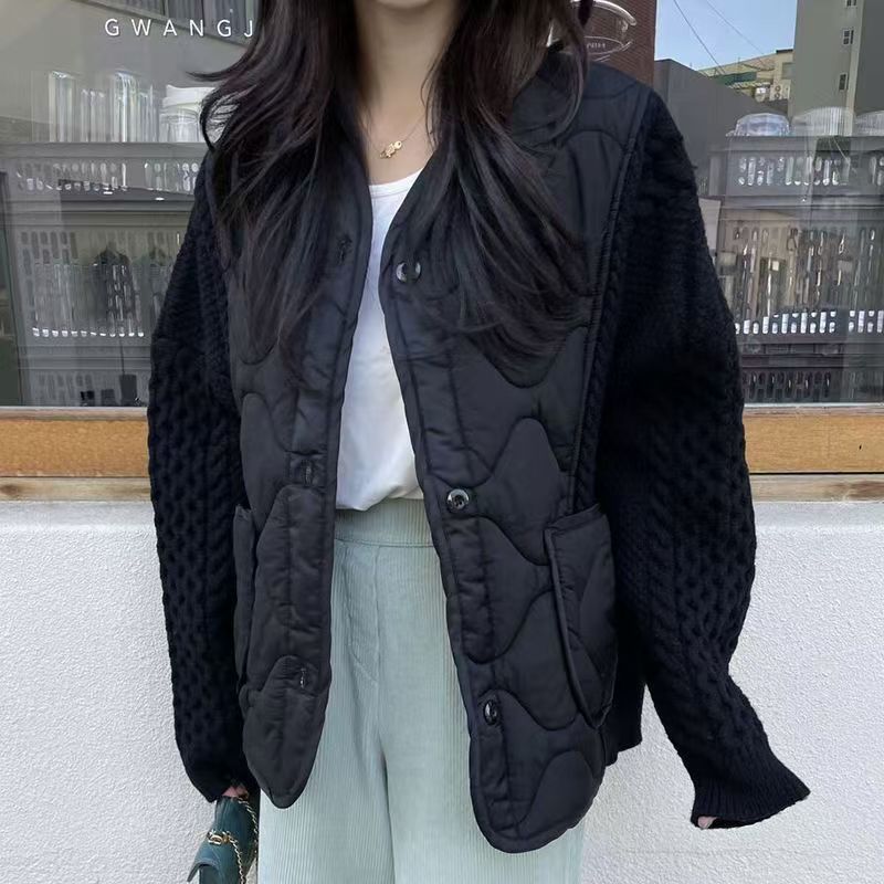 棉服外套女秋冬新款復古拼接針織棉衣寬松洋氣氛圍感爆款棉襖24103104