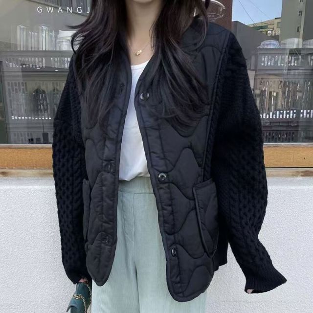棉服外套女秋冬新款復古拼接針織棉衣寬松洋氣氛圍感爆款棉襖24103104