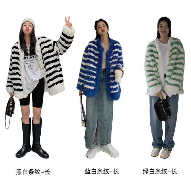 新款重磅條紋仿獺兔編織兔毛開衫寬松皮草外套年輕款中長款女24110501