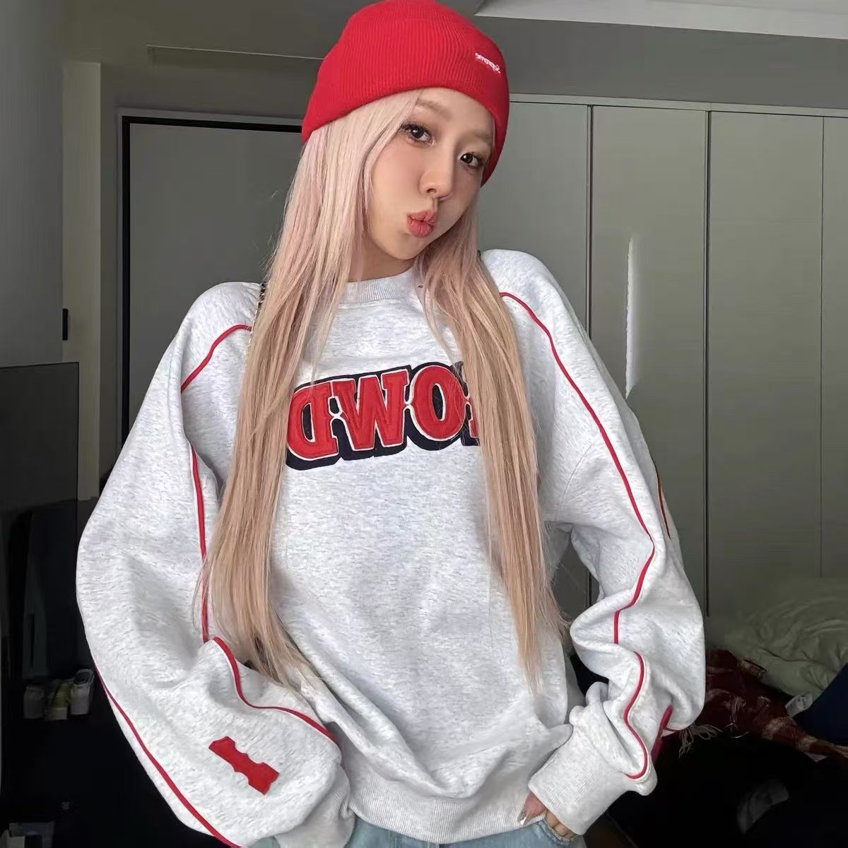 新款韓國小眾明星Jennie金智妮柳智敏同款刺繡字母圓領衛衣女24110603