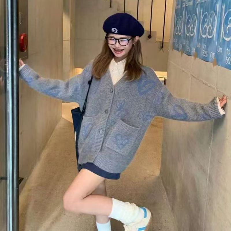 韓版提花愛心毛衣秋冬新款外穿針織開衫寬松百搭上衣外套慵懶風女24110703