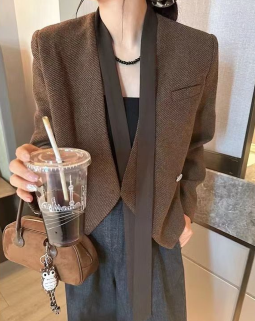 韓版高級感飄帶西裝短外套女秋季新款氣質休閒顯瘦小西服上衣24110705