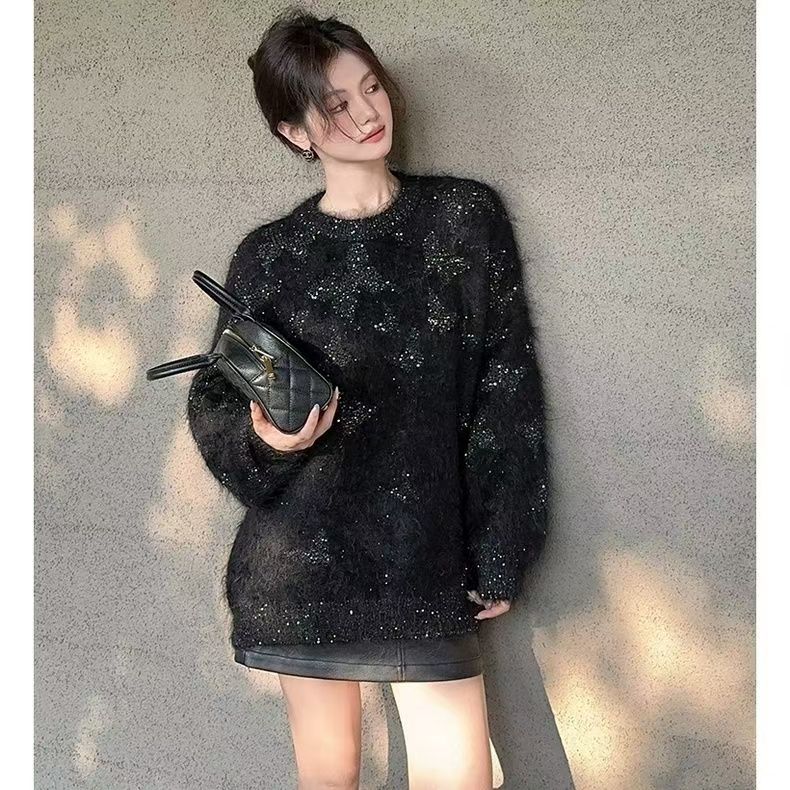 復古港風灰色毛衣女秋冬新款慵懶風軟糯設計感針織衫套頭上衣24111002