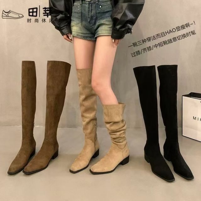 多穿法粗跟西部牛仔復古過膝長靴女鞋新款秋冬季堆堆靴長筒騎士靴子24111005