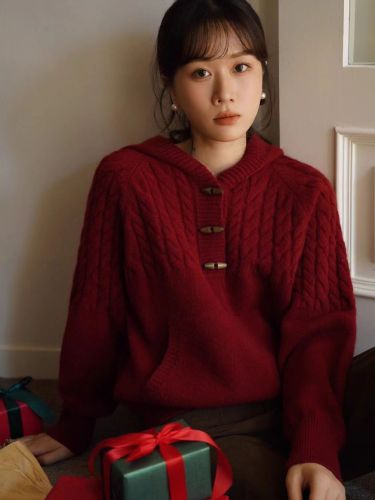 慵懶風牛角扣連帽麻花設計感小眾時尚休閒百搭修身顯瘦純色針織衫24012901