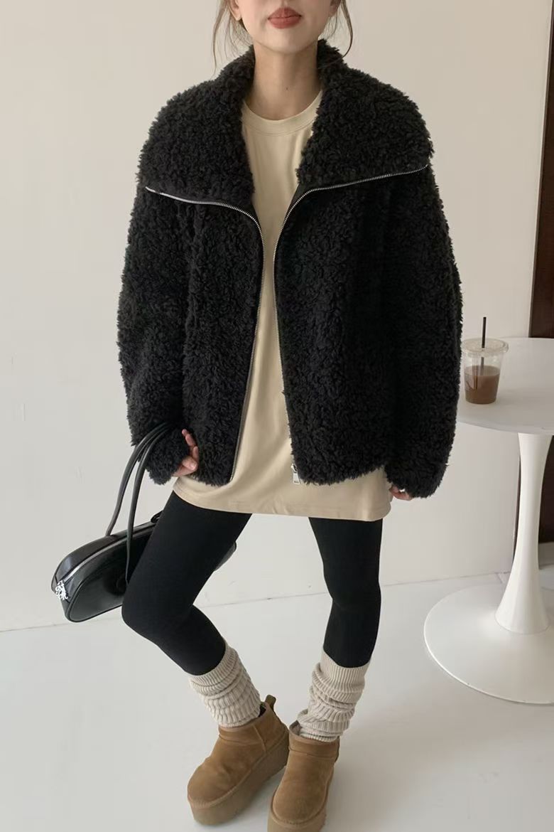慵懶風韓版簡約羊羔毛外套女秋冬款寬松顯瘦翻領皮毛一體上衣24111402