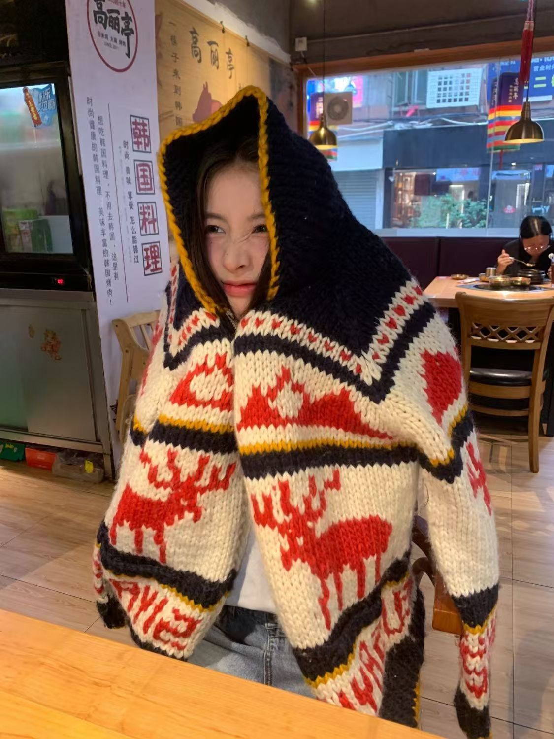 美式復古氛圍感聖誕麋鹿毛衣外套女秋冬加厚慵懶寬鬆軟糯針織開衫24111604