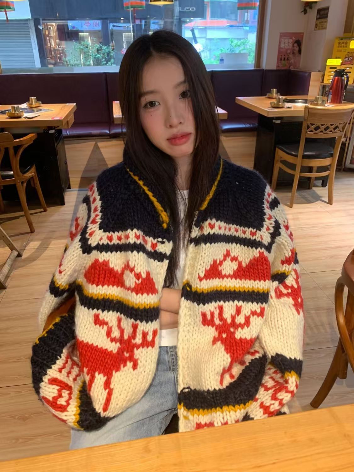 美式復古氛圍感聖誕麋鹿毛衣外套女秋冬加厚慵懶寬鬆軟糯針織開衫24111604