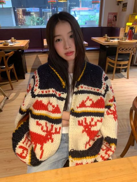 美式復古氛圍感聖誕麋鹿毛衣外套女秋冬加厚慵懶寬鬆軟糯針織開衫24111604