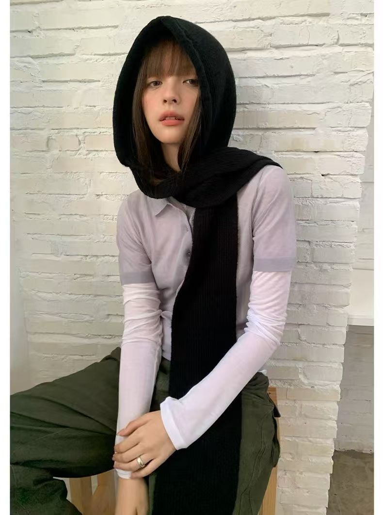 韓版時髦潮酷連帽一體式圍巾女保暖護頸小眾秋冬百搭針織圍脖ins24112806