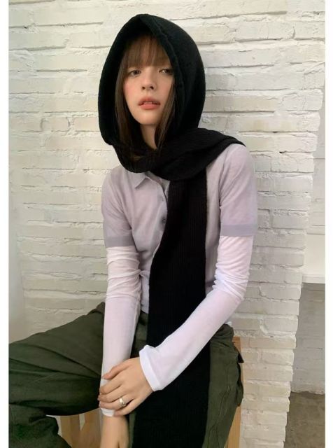 韓版時髦潮酷連帽一體式圍巾女保暖護頸小眾秋冬百搭針織圍脖ins24112806