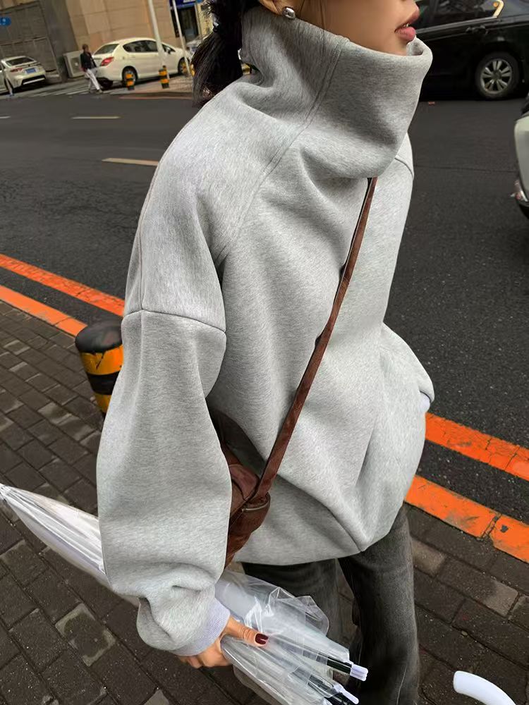 纯棉高领卫衣女秋冬季新款宽松oversize休闲套头长袖挡风保暖上衣24112805