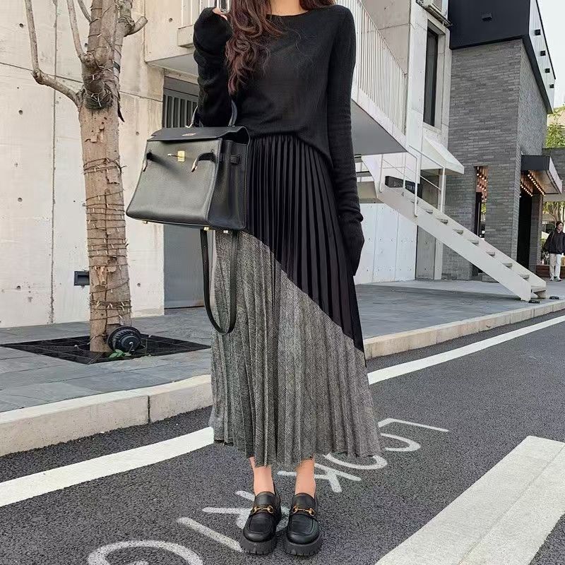 韓版黑色毛呢半身裙女秋冬新款中長款絲絨拼接高腰顯瘦通勤a字百褶裙24120206