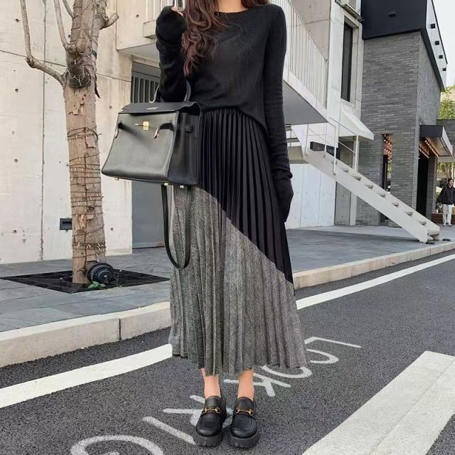 韓版黑色毛呢半身裙女秋冬新款中長款絲絨拼接高腰顯瘦通勤a字百褶裙24120206