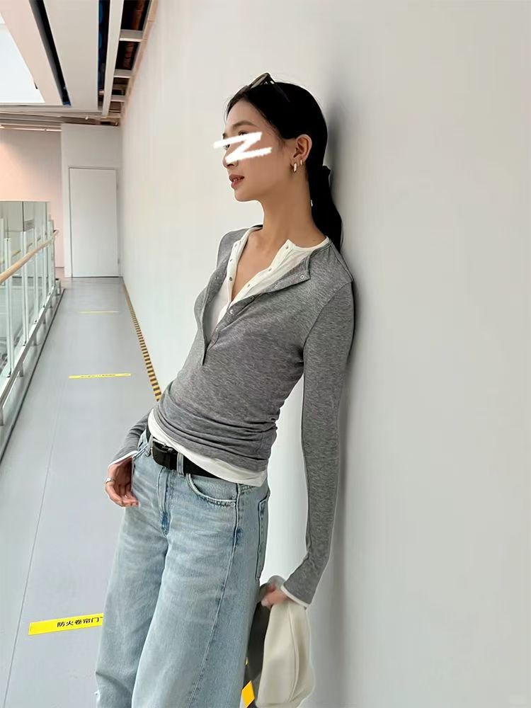MosesQueen拼接撞色假兩件氣質長袖T恤女早秋韓版顯瘦修身上衣24120404