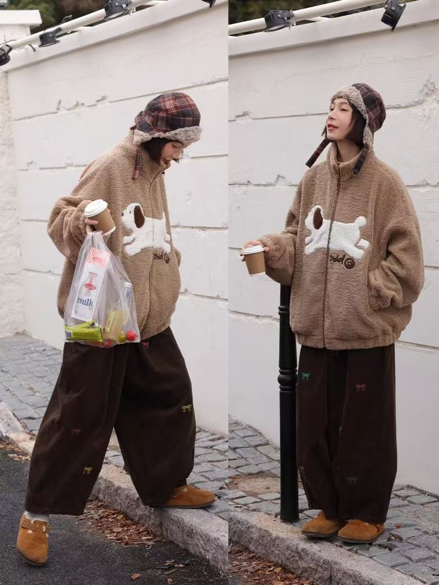 秋冬款撞色軟糯糯的趣味小狗貼布繡圖案短外套仿女羊羔毛上衣24120503
