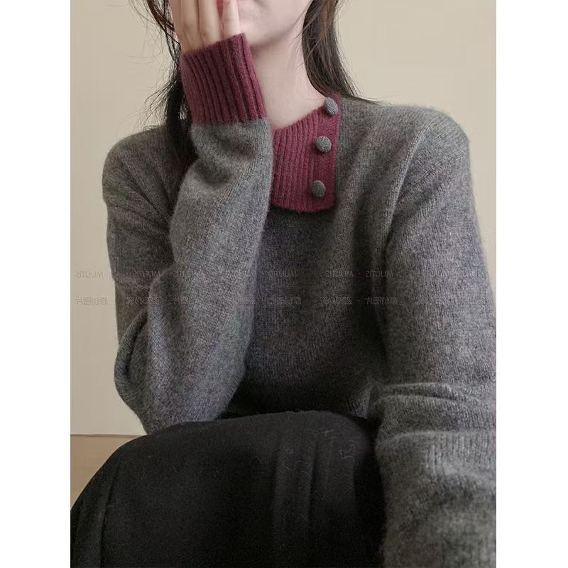 法式撞色翻領毛衣女秋冬季修身溫柔風設計感獨特針織打底內搭上衣24120603