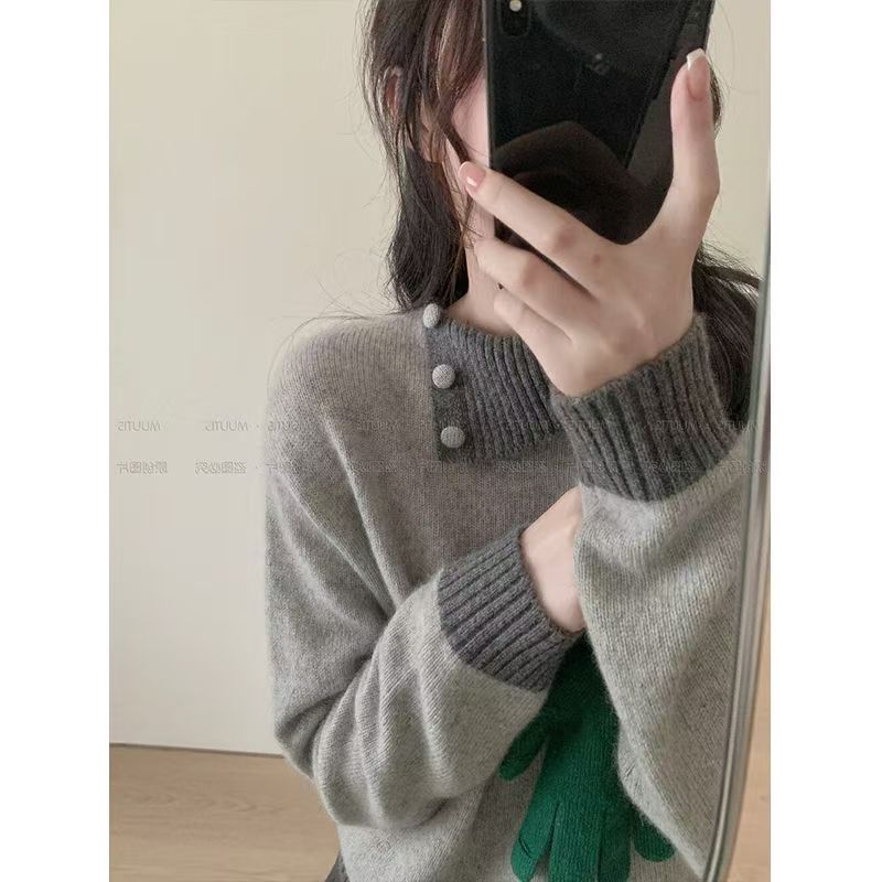 法式撞色翻領毛衣女秋冬季修身溫柔風設計感獨特針織打底內搭上衣24120603
