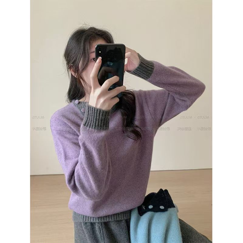 法式撞色翻領毛衣女秋冬季修身溫柔風設計感獨特針織打底內搭上衣24120603